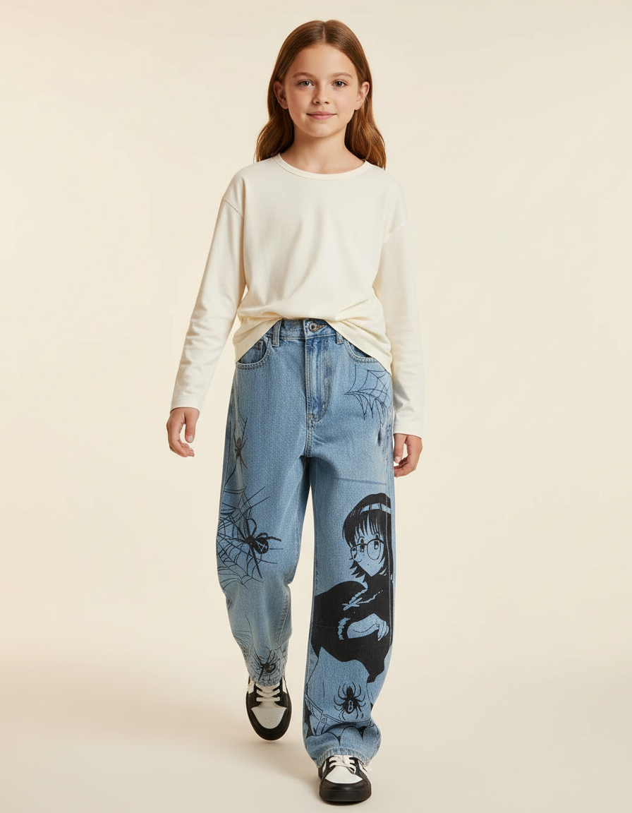 Pantalon Baggy Jean Clair Imprimé Manga Araignée Fille - Bleu
