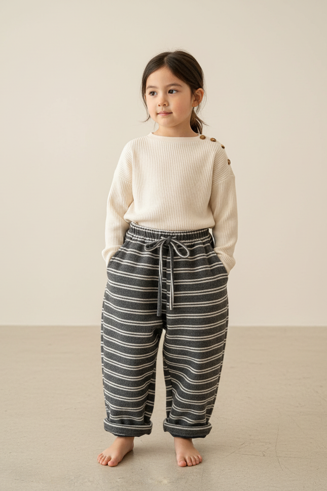 Pantalon Baggy Gris Rayé Coton Ample Décontracté Enfant - Molleton
