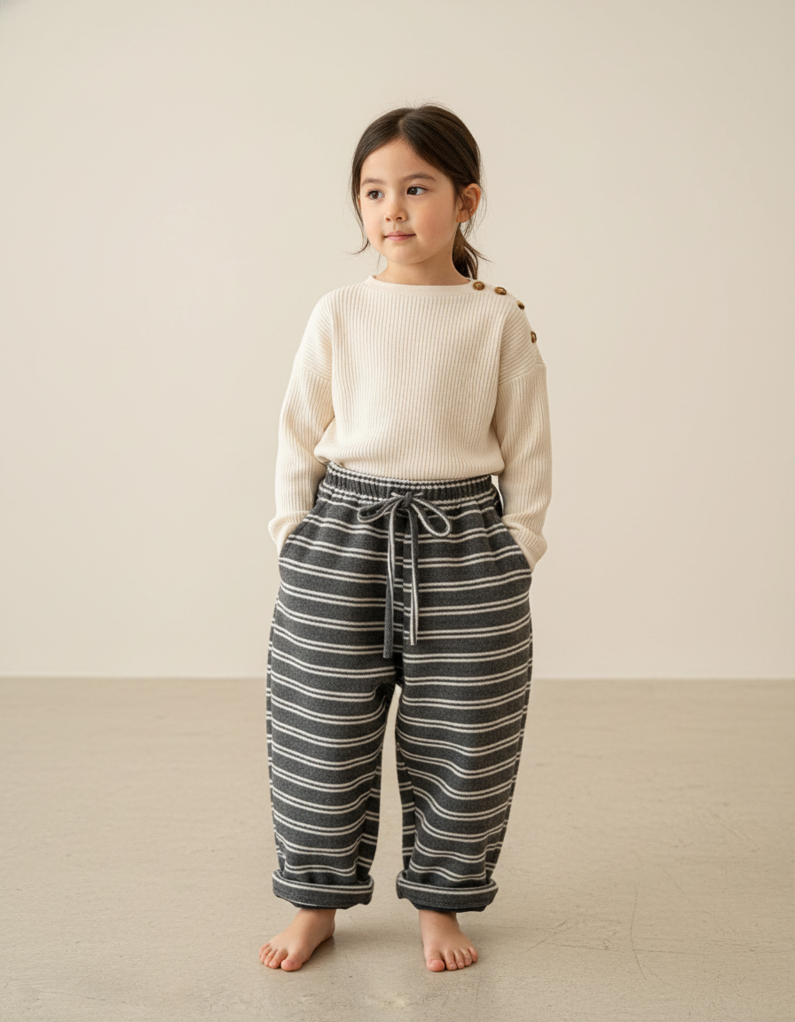 Pantalon Baggy Gris Rayé Coton Ample Décontracté Enfant - Molleton