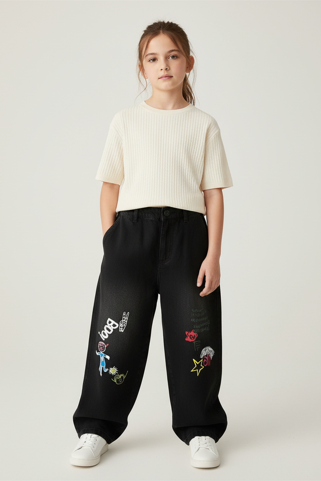 Pantalon Baggy Noir Ample Dessins Colorés Enfant - Jean