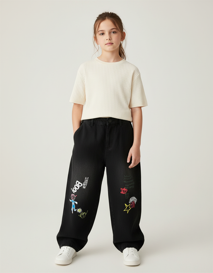 Pantalon Baggy Noir Ample Dessins Colorés Enfant - Jean