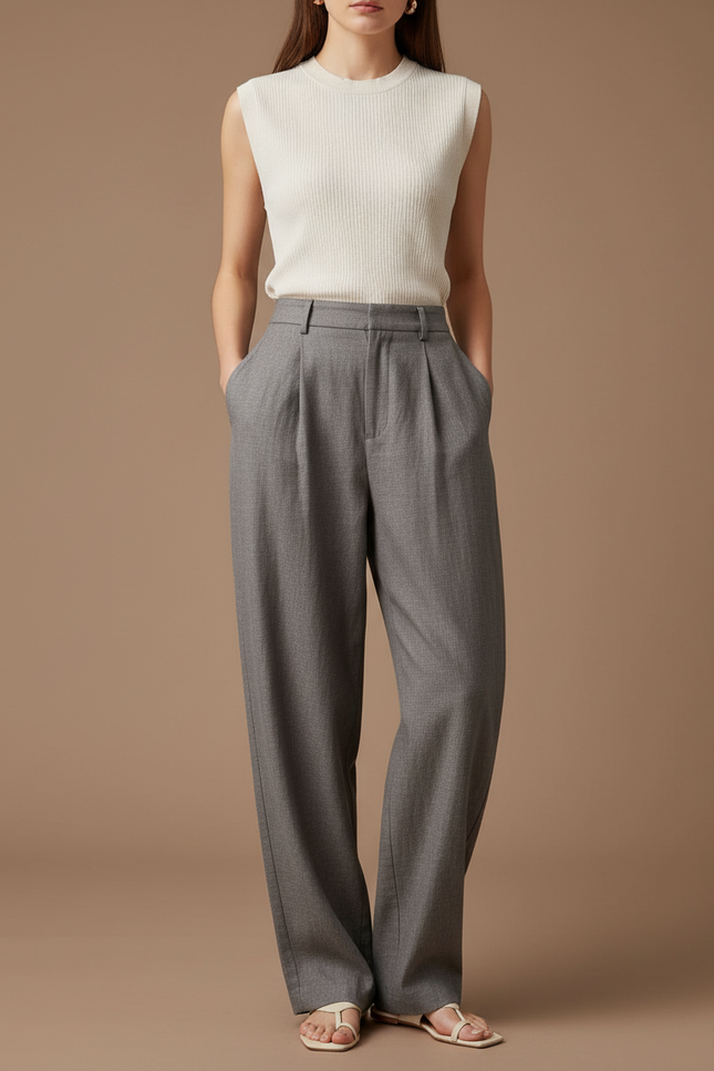Pantalon Baggy Gris Plissé Ample Décontracté Femme - Gabardine