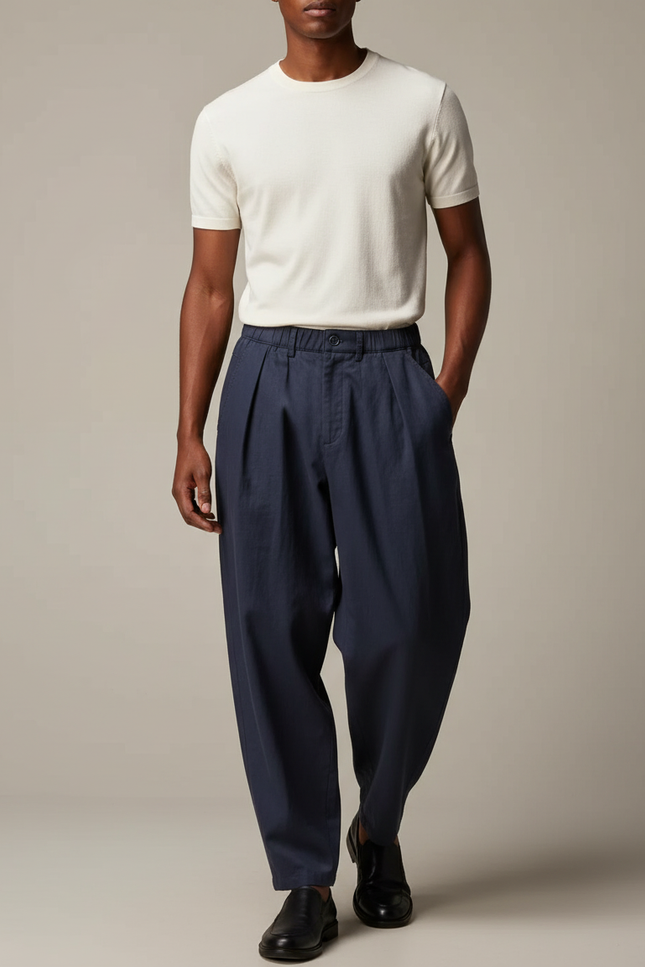 Pantalon Baggy Bleu Marine Plissé Ample Décontracté Homme - Coton