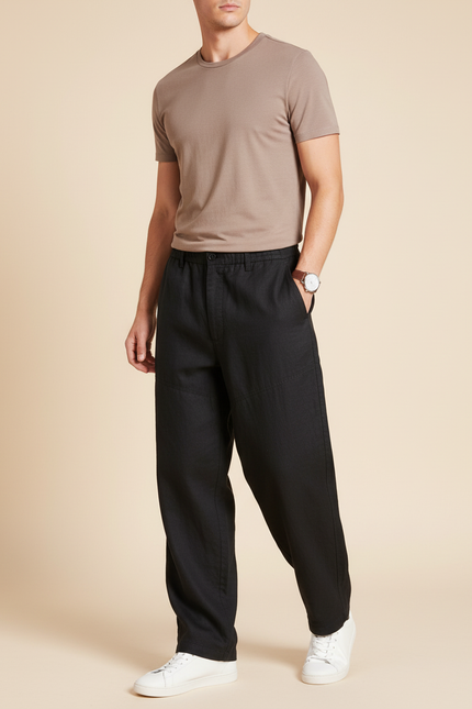 Pantalon Baggy Homme Noir Taille Élastique Coton Streetwear - Lin