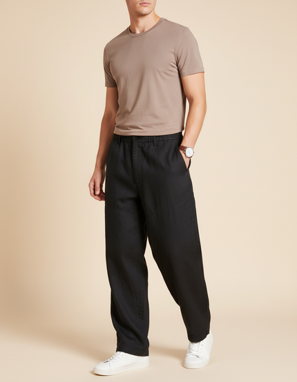 Pantalon Baggy Homme Noir Taille Élastique Coton Streetwear - Lin