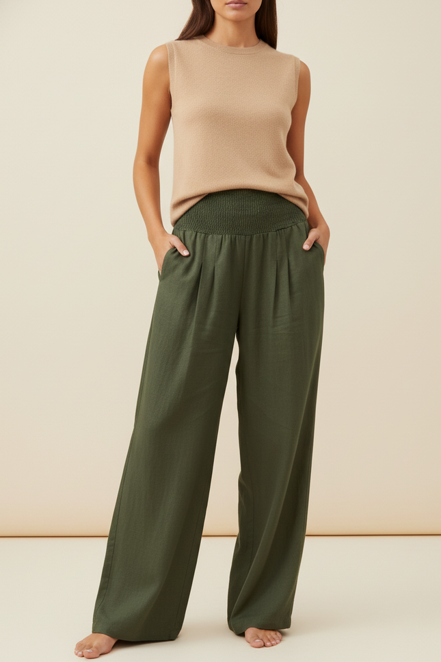Pantalon Baggy Vert Militaire Ample Fluide Smocké - Kaki Lin