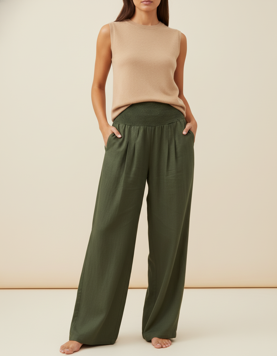 Pantalon Baggy Vert Militaire Ample Fluide Smocké - Kaki Lin