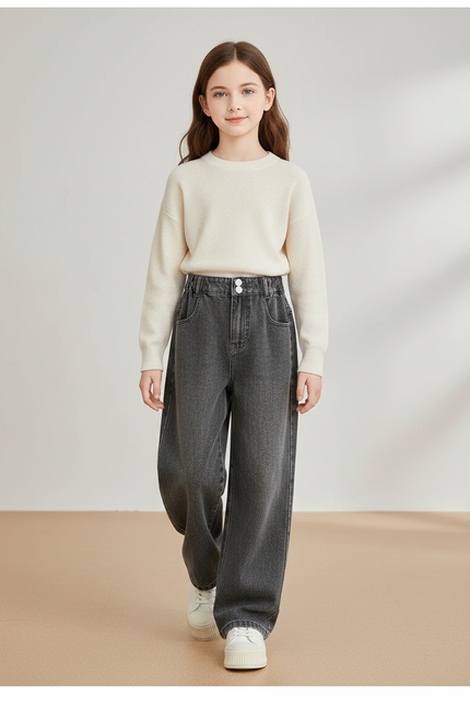 Pantalon Baggy Denim Gris Ample Décontracté Fille - Jean