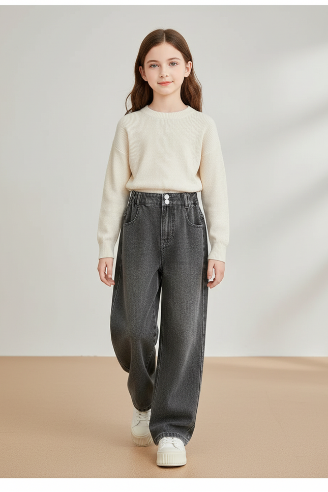 Pantalon Baggy Denim Gris Ample Décontracté Fille - Jean