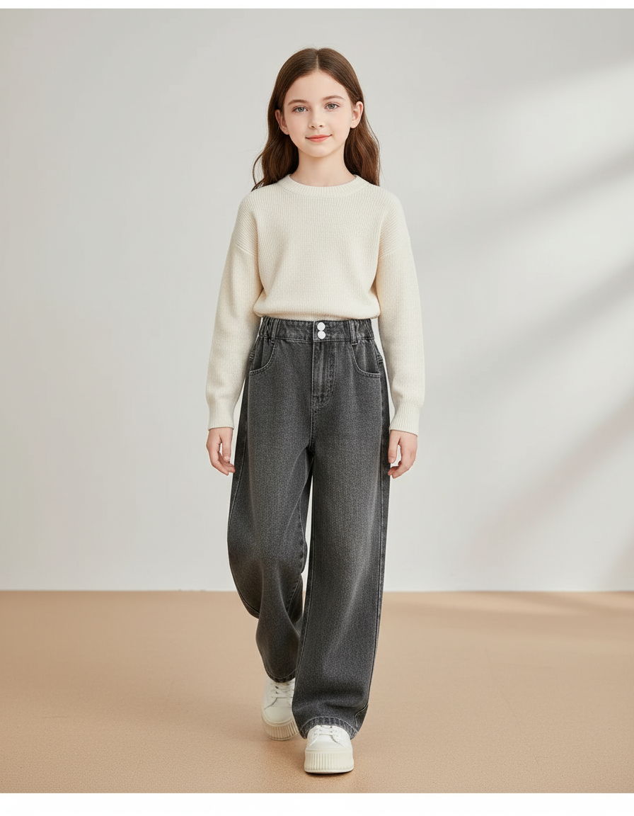 Pantalon Baggy Denim Gris Ample Décontracté Fille - Jean