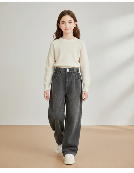 Pantalon Baggy Denim Gris Ample Décontracté Fille - Jean