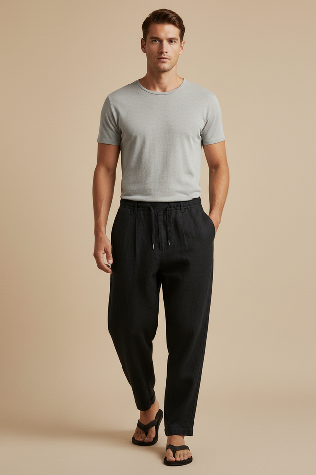 Pantalon Baggy Homme Noir Taille Élastique Toile - Lin
