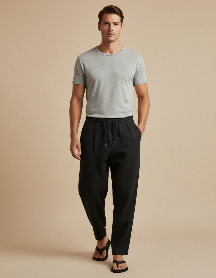 Pantalon Baggy Homme Noir Taille Élastique Toile - Lin
