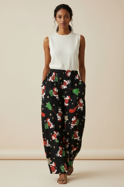 Pantalon Baggy Noir Noël Ample Fluide Femme - Lin