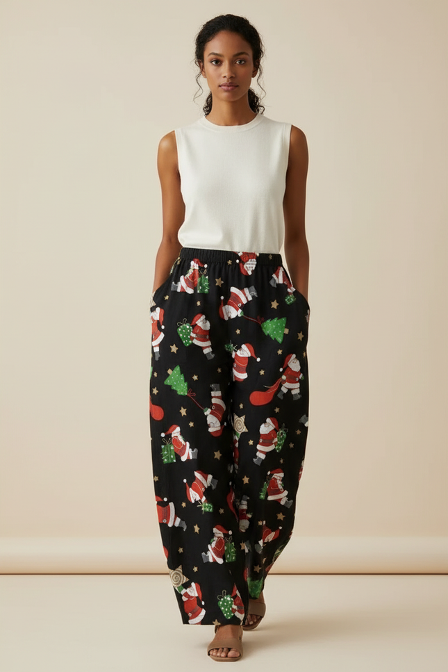 Pantalon Baggy Noir Noël Ample Fluide Femme - Lin