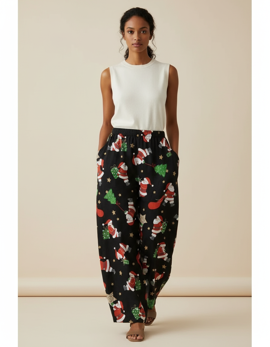 Pantalon Baggy Noir Noël Ample Fluide Femme - Lin