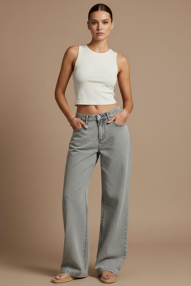 Pantalon Baggy Jean Gris Clair Ample Décontracté