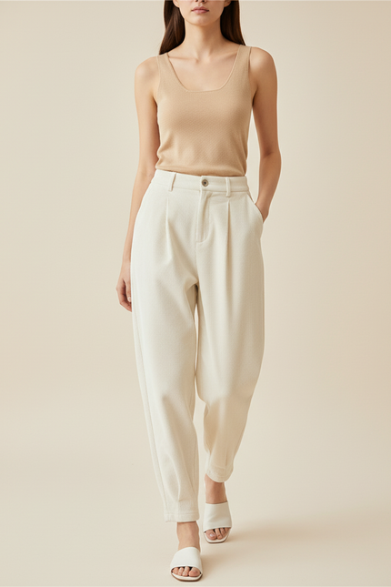 Pantalon Baggy Crème Côtelé Ample Décontracté Fluide - Beige Cordé