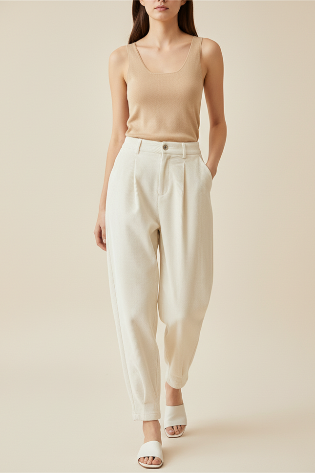 Pantalon Baggy Crème Côtelé Ample Décontracté Fluide - Beige Cordé
