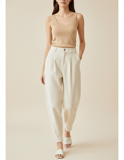 Pantalon Baggy Crème Côtelé Ample Décontracté Fluide - Beige Cordé