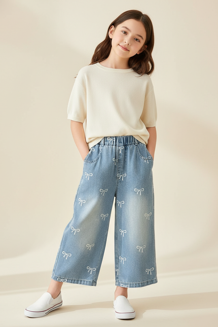 Pantalon Baggy Denim Bleu Nœuds Imprimés Fille Ample - Jean