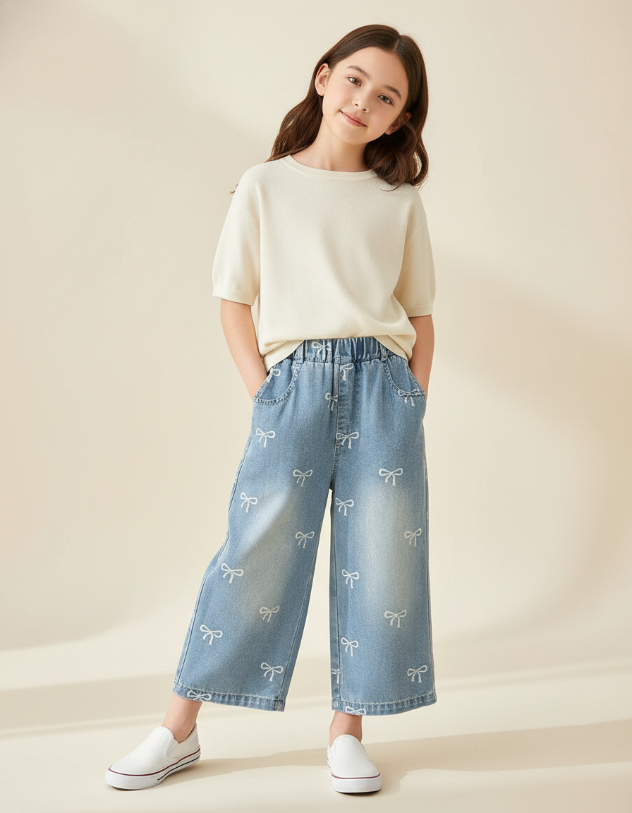 Pantalon Baggy Denim Bleu Nœuds Imprimés Fille Ample - Jean