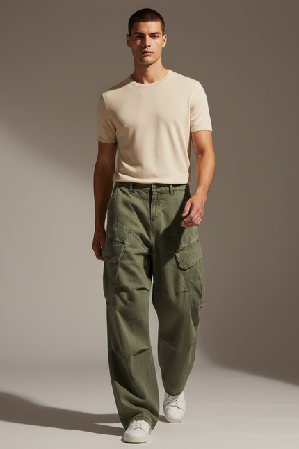 Pantalon Baggy Vert Cargo Ample Coton Homme - Kaki