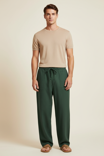 Pantalon Baggy Vert Lin Ample Cordon Décontracté Homme