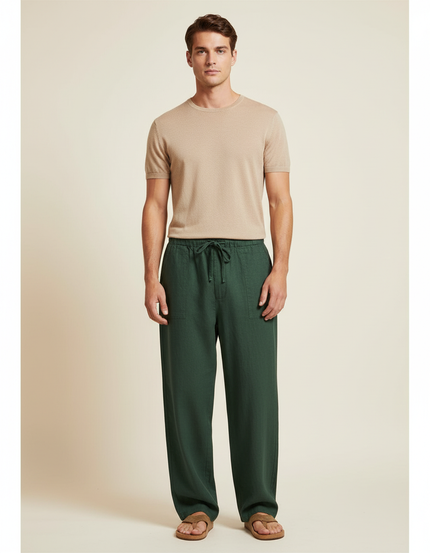 Pantalon Baggy Vert Lin Ample Cordon Décontracté Homme