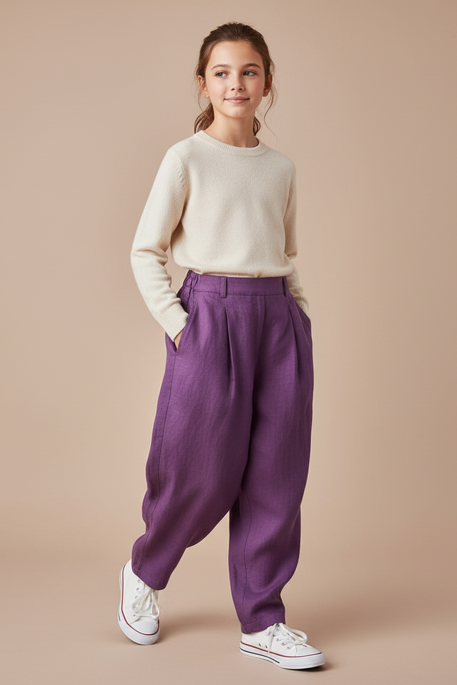 Pantalon Baggy Violet Enfant Ample Plissé Décontracté - Lin