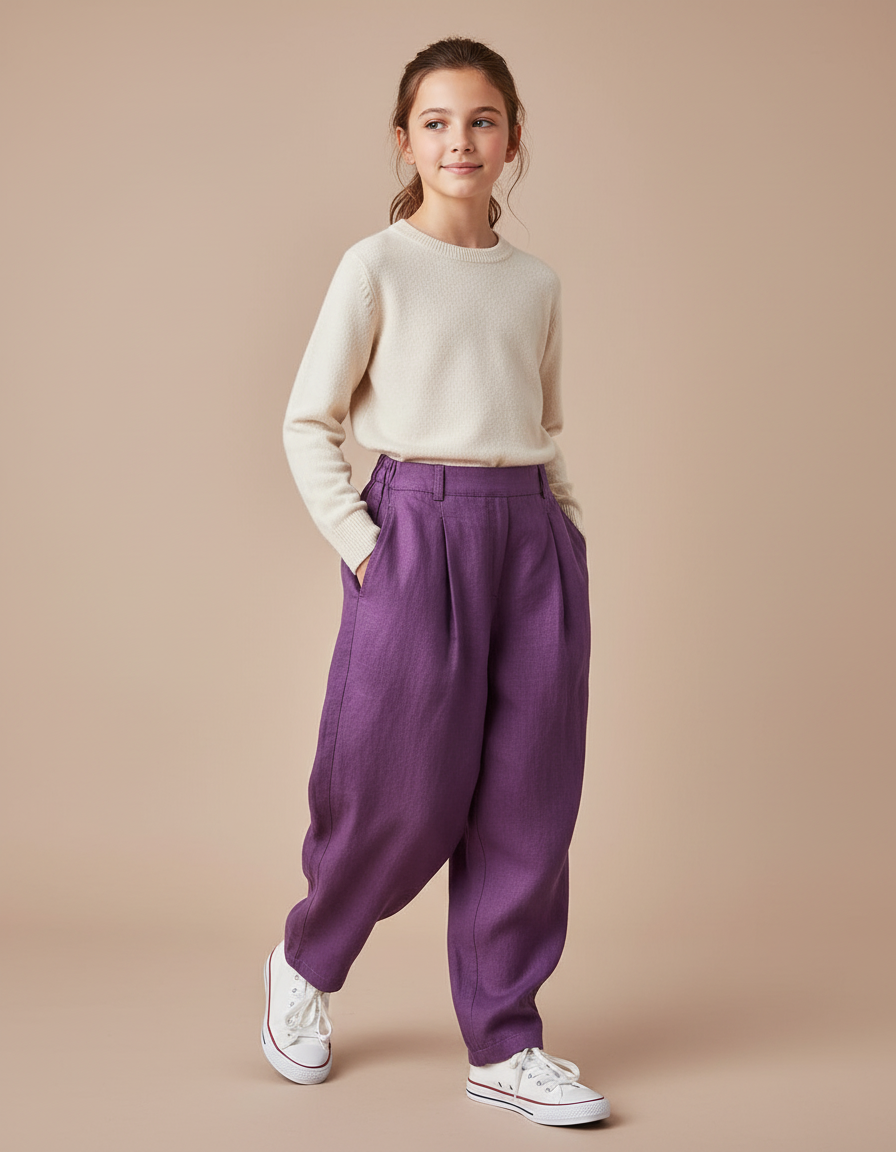 Pantalon Baggy Violet Enfant Ample Plissé Décontracté - Lin