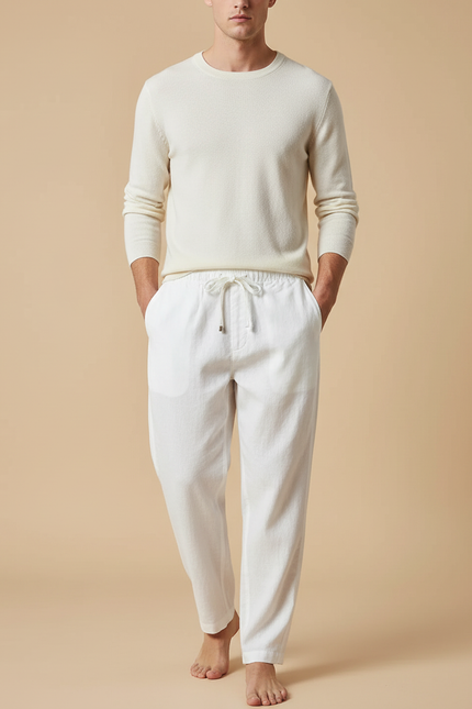 Pantalon Baggy Blanc Lin Cordon Ample Décontracté Homme