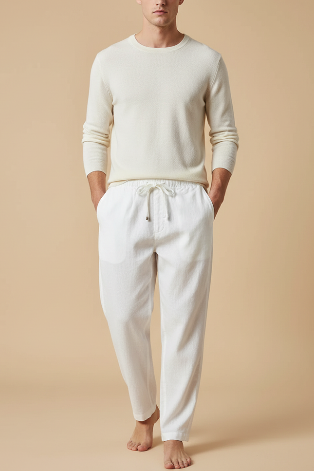 Pantalon Baggy Blanc Lin Cordon Ample Décontracté Homme