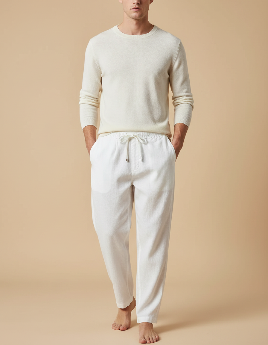 Pantalon Baggy Blanc Lin Cordon Ample Décontracté Homme