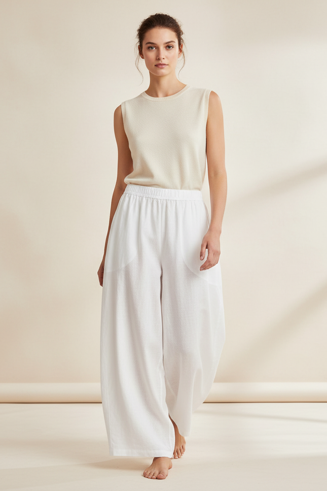 Pantalon Baggy Blanc Lin Ample Fluide Décontracté Femme