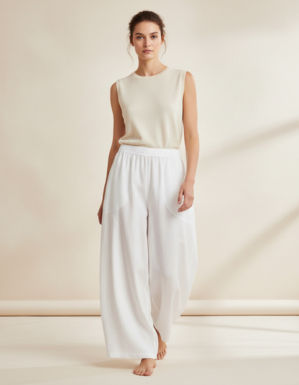 Pantalon Baggy Blanc Lin Ample Fluide Décontracté Femme