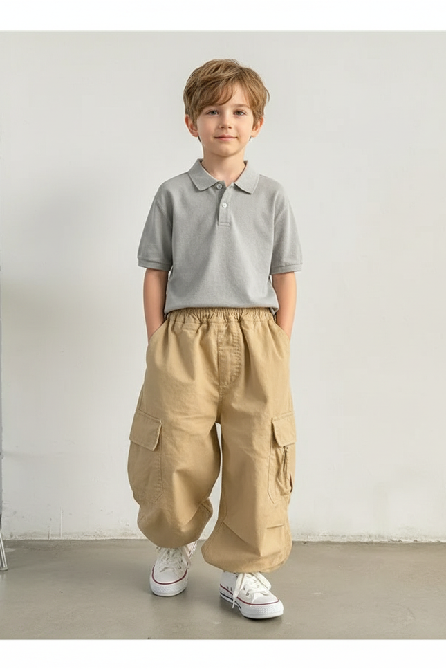 Pantalon Baggy Beige Ample Cargo Décontracté Garçon - Toile