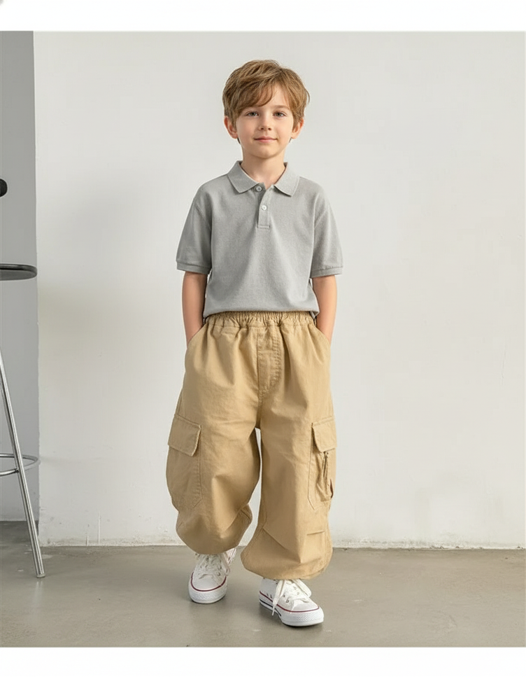 Pantalon Baggy Beige Ample Cargo Décontracté Garçon - Toile