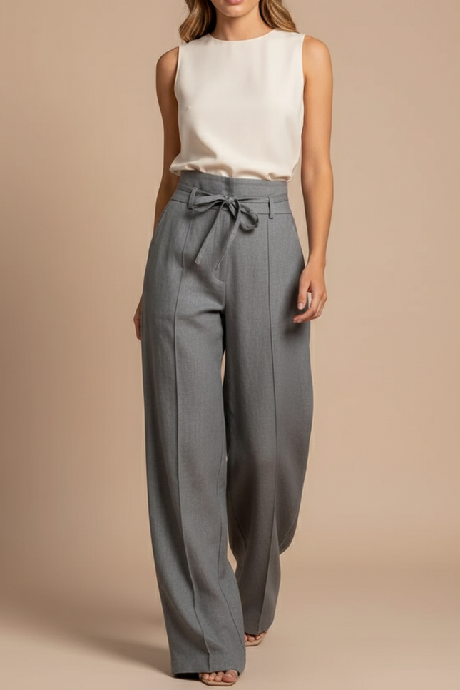 Pantalon Baggy Gris Élégant Taille Haute Fluide Femme - Polyester