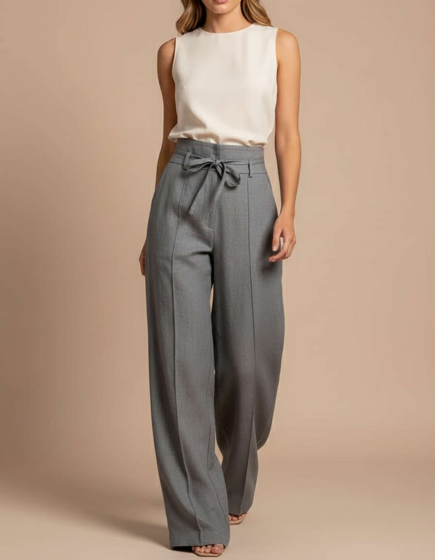 Pantalon Baggy Gris Élégant Taille Haute Fluide Femme - Polyester