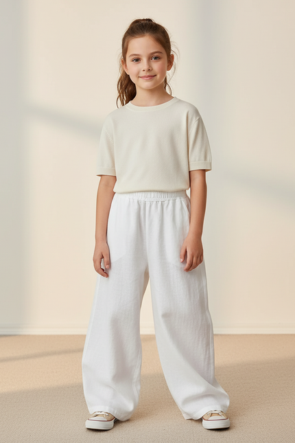 Pantalon Baggy Blanc Lin Ample Décontracté Enfant