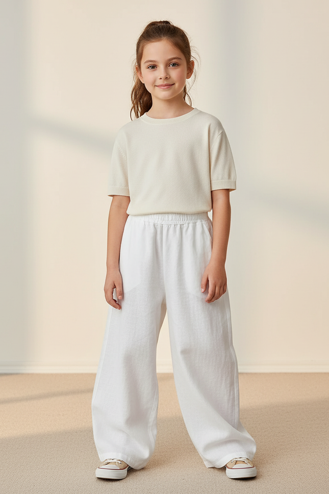 Pantalon Baggy Blanc Lin Ample Décontracté Enfant
