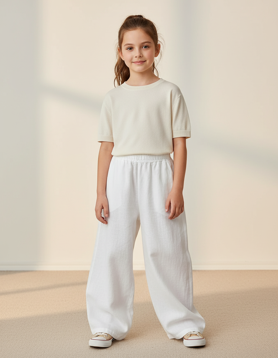 Pantalon Baggy Blanc Lin Ample Décontracté Enfant