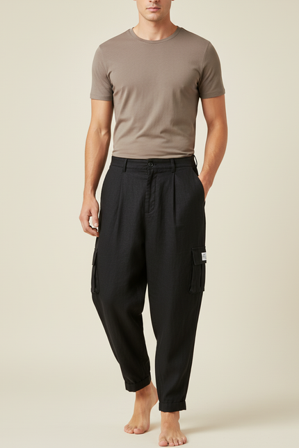 Pantalon Baggy Noir Lin Cargo Ample Décontracté Homme