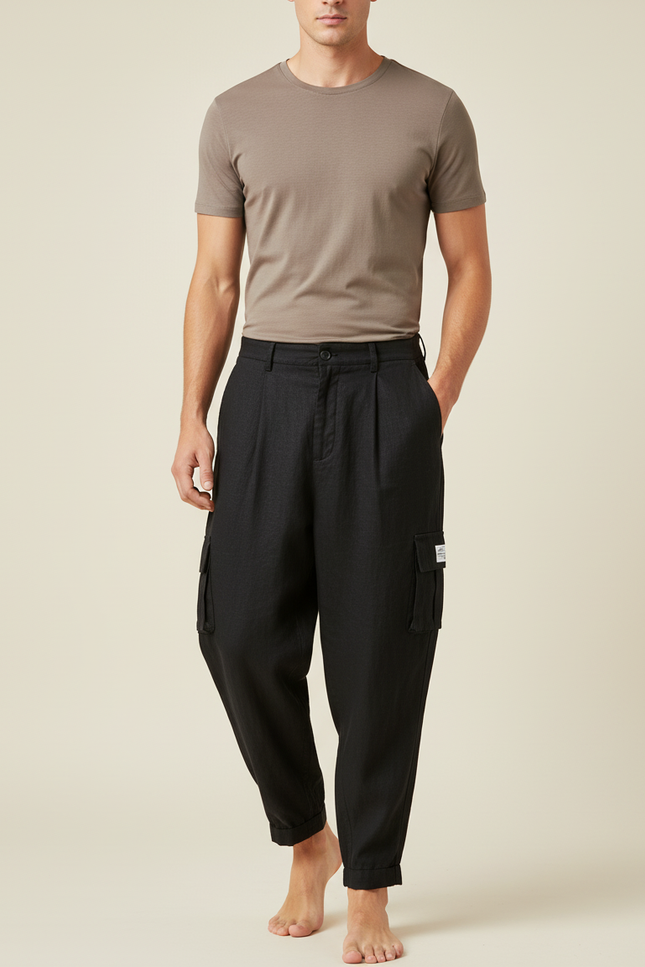 Pantalon Baggy Noir Lin Cargo Ample Décontracté Homme