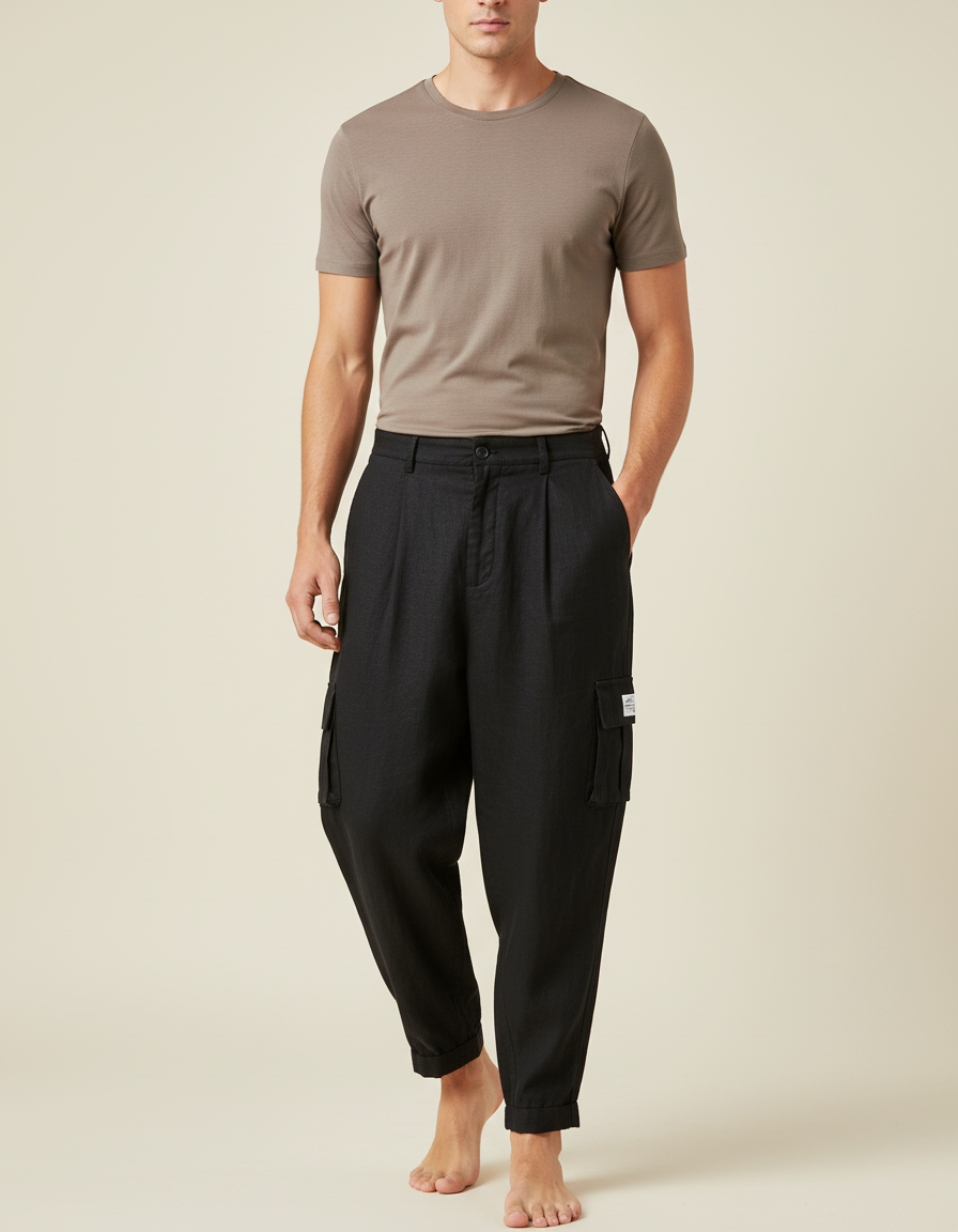 Pantalon Baggy Noir Lin Cargo Ample Décontracté Homme