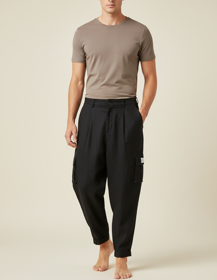 Pantalon Baggy Noir Lin Cargo Ample Décontracté Homme