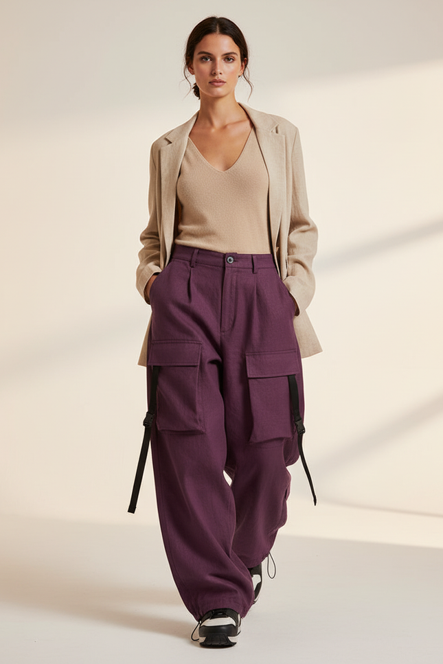 Pantalon Baggy Violet Cargo Ample Décontracté Femme - Molleton