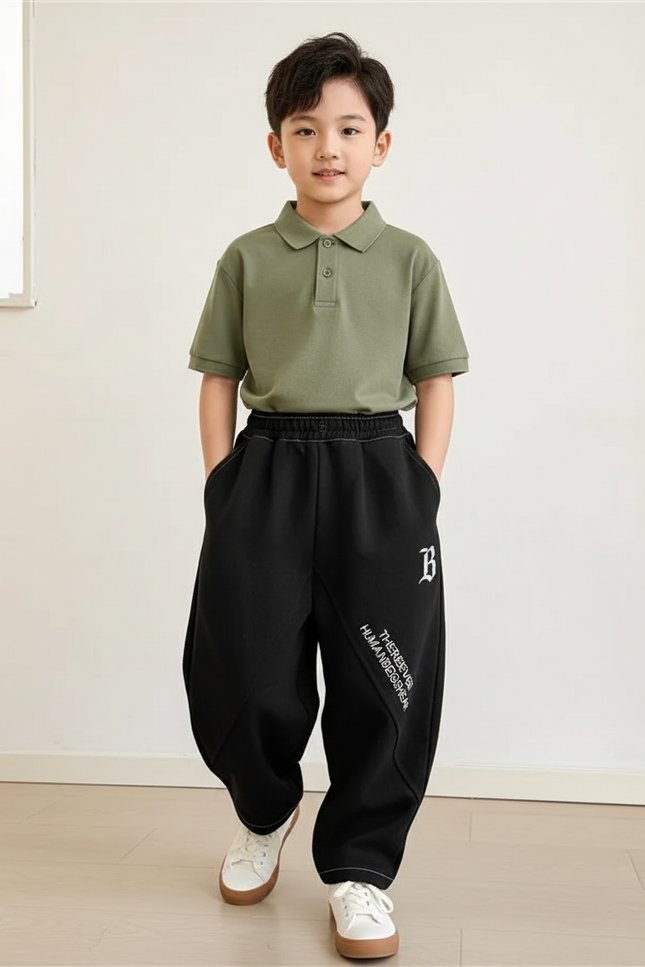 Pantalon Baggy Noir Ample Molletonné Brodé Garçon Sport
