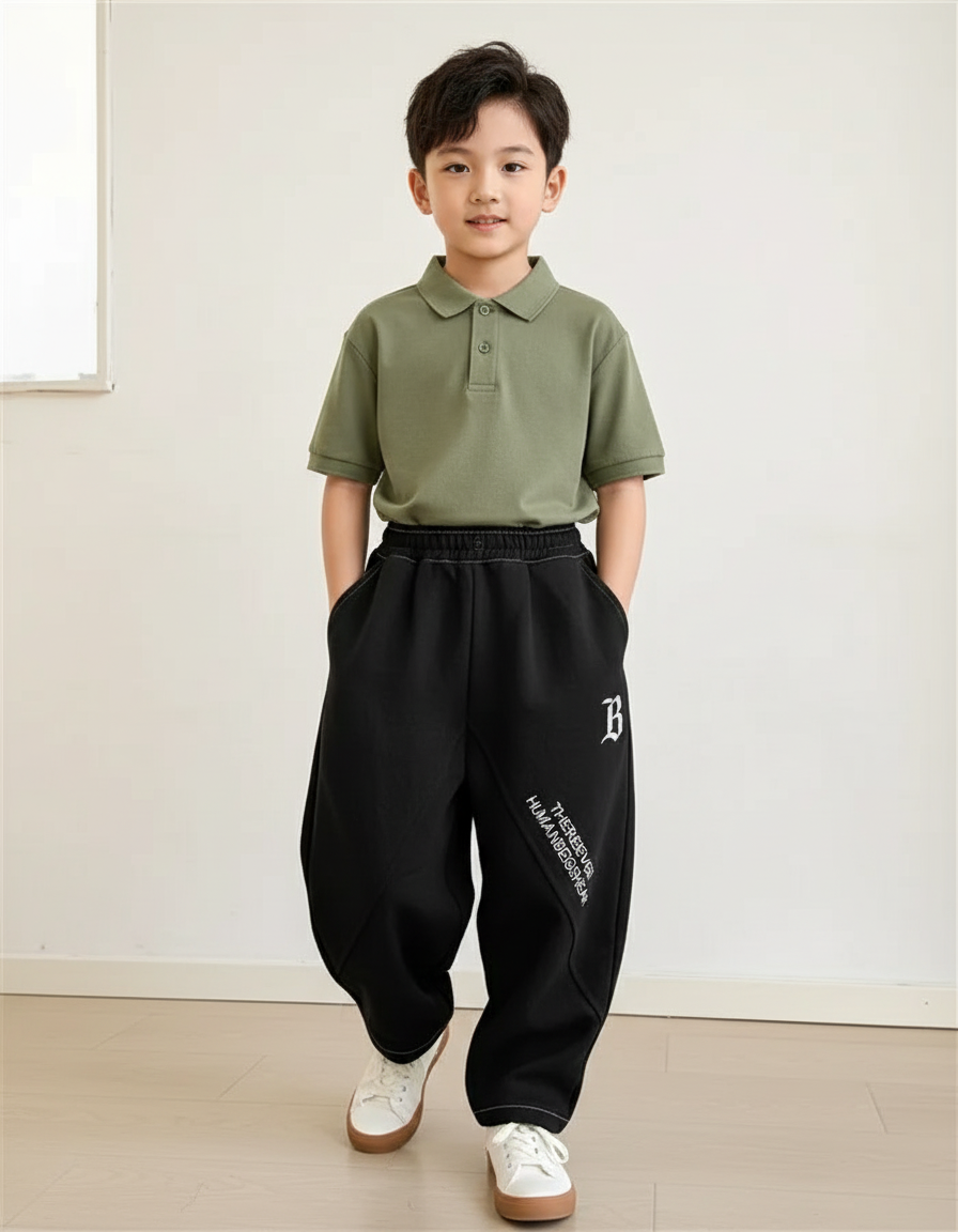 Pantalon Baggy Noir Ample Molletonné Brodé Garçon Sport